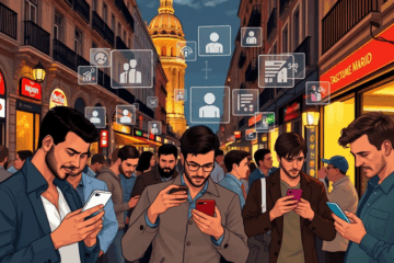 Hombres usando una aplicación de citas en un smartphone, mostrando algoritmos de emparejamiento en acción.