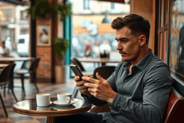 Hombre consultando su teléfono preocupado por su privacidad en una aplicación de citas.