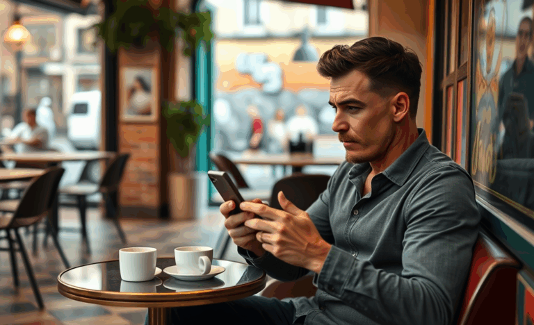 Hombre consultando su teléfono preocupado por su privacidad en una aplicación de citas.