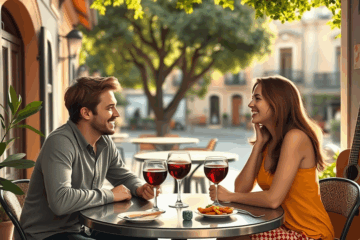 Una pareja conversando relajadamente en un café durante su primera cita, sonriendo y disfrutando el momento.