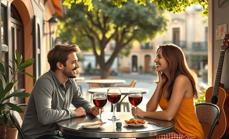 Una pareja conversando relajadamente en un café durante su primera cita, sonriendo y disfrutando el momento.