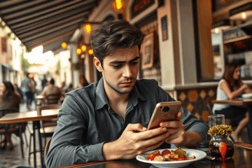 Un hombre mirando su teléfono, frustrado por no avanzar en aplicaciones de citas.