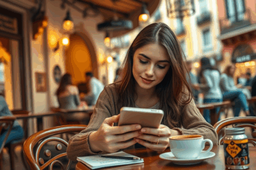 Hombre y mujer sentados en una mesa con dispositivos móviles, mirándose con una sonrisa durante una cita.