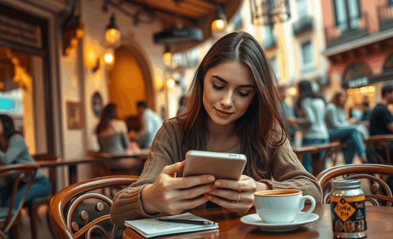 Hombre y mujer sentados en una mesa con dispositivos móviles, mirándose con una sonrisa durante una cita.