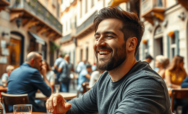 Hombre sonriendo destacando rasgos que atraen a mujeres, como confianza y humor.