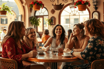 Un grupo de amigos charlando animadamente en un ambiente relajado reflejando la conexión y confianza entre ellos.
