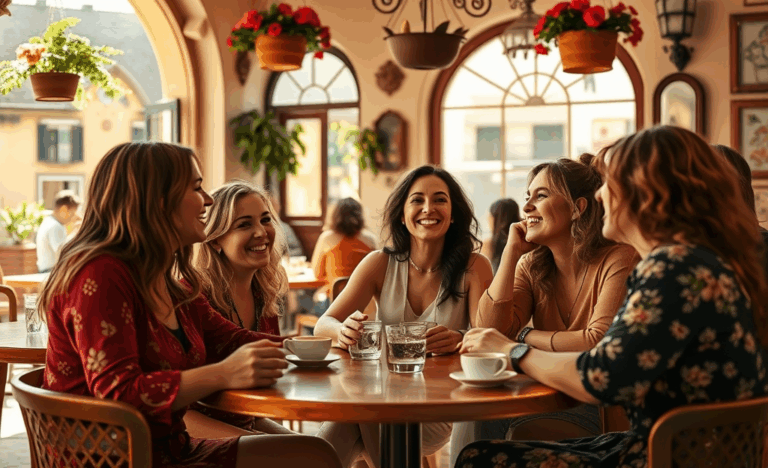 Un grupo de amigos charlando animadamente en un ambiente relajado reflejando la conexión y confianza entre ellos.