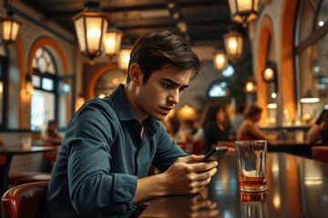 Hombre mirando una pantalla de teléfono con varias notificaciones de aplicaciones de citas