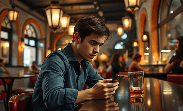 Hombre mirando una pantalla de teléfono con varias notificaciones de aplicaciones de citas