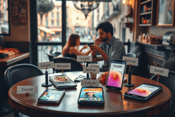 Imagen mostrando una pareja conectada a través de una aplicación en sus teléfonos, simbolizando una relación a distancia fortalecida.