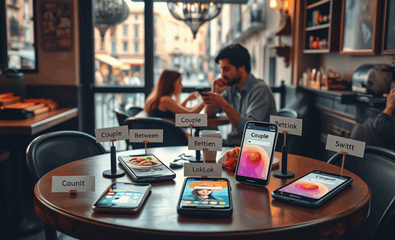 Imagen mostrando una pareja conectada a través de una aplicación en sus teléfonos, simbolizando una relación a distancia fortalecida.