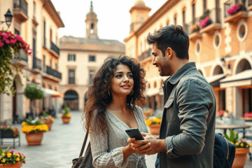 Una pareja sonriente se encuentra cara a cara por primera vez después de conocerse en línea.