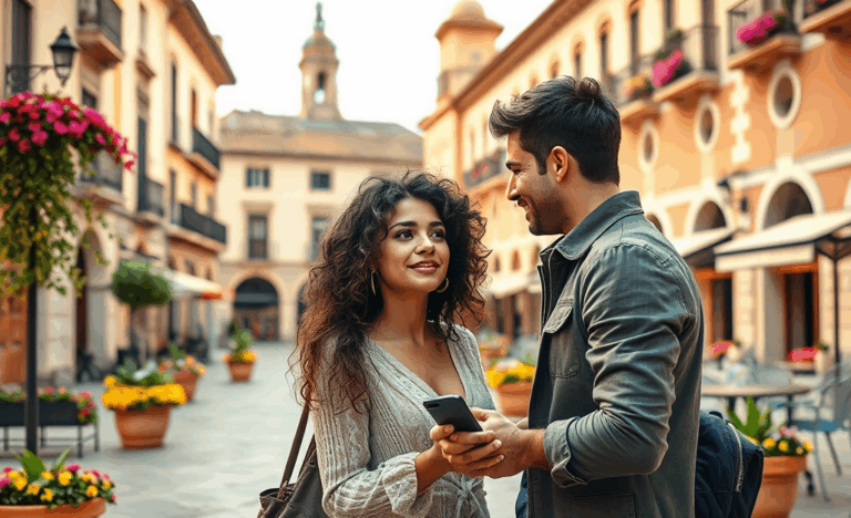 Una pareja sonriente se encuentra cara a cara por primera vez después de conocerse en línea.