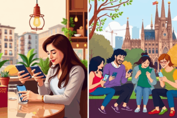 Imagen de un hombre y una mujer usando aplicaciones y redes sociales para ligar