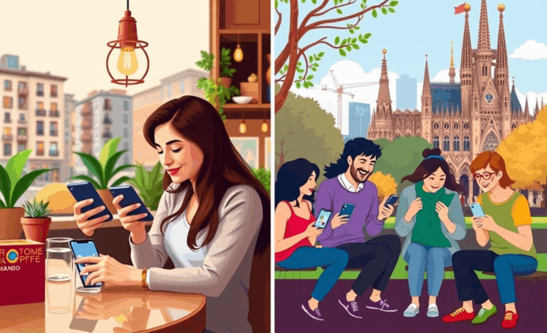Imagen de un hombre y una mujer usando aplicaciones y redes sociales para ligar
