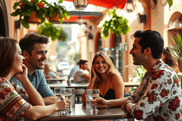Un hombre sonriente haciendo reír a una mujer, mostrando cómo el humor masculino puede ser una herramienta de seducción.