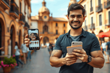 Hombre eligiendo fotos y escribiendo una biografía para su perfil de citas en línea.