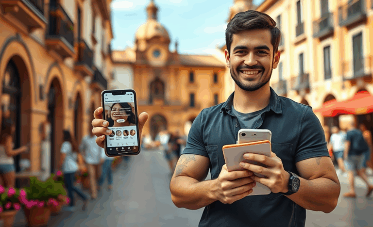 Hombre eligiendo fotos y escribiendo una biografía para su perfil de citas en línea.
