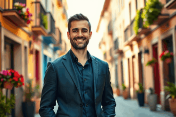 Hombre sonriendo con fondo profesional, mostrando confianza y atractivo en su foto de perfil.
