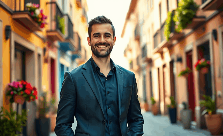 Hombre sonriendo con fondo profesional, mostrando confianza y atractivo en su foto de perfil.