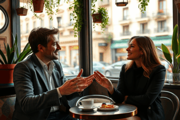 Hombre y mujer conversando animadamente, mostrando interés y sonriendo.
