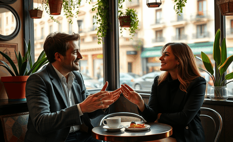 Hombre y mujer conversando animadamente, mostrando interés y sonriendo.