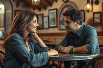 Una mujer mostrando señales de interés hacia un hombre, con miradas y sonrisas coquetas.