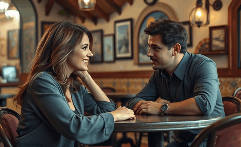 Una mujer mostrando señales de interés hacia un hombre, con miradas y sonrisas coquetas.