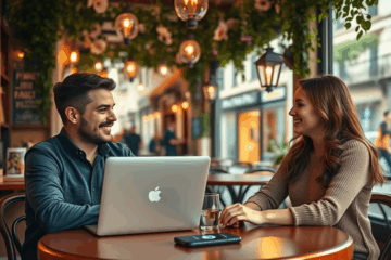 Hombre feliz mirando su móvil después de encontrar el amor en línea
