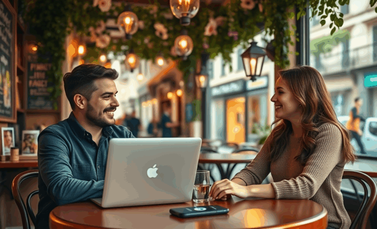 Hombre feliz mirando su móvil después de encontrar el amor en línea