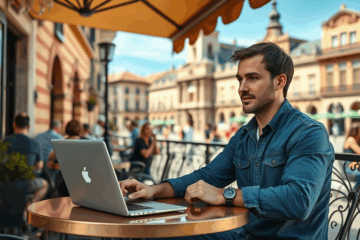 Imagen de un hombre sonriendo mientras utiliza una aplicación de citas, mostrando un perfil bien elaborado.