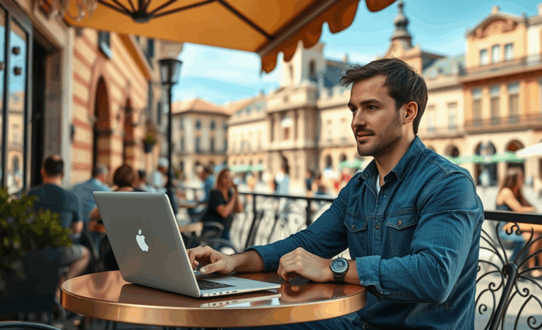 Imagen de un hombre sonriendo mientras utiliza una aplicación de citas, mostrando un perfil bien elaborado.