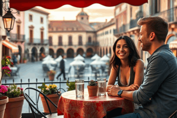 Pareja sonriendo y conversando en su primera cita exitosa