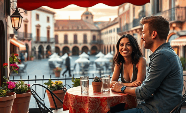 Pareja sonriendo y conversando en su primera cita exitosa
