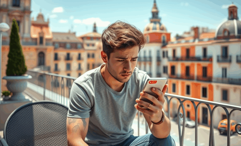 Persona revisando su perfil de Tinder con una expresión curiosa.