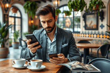 Imagen de un hombre utilizando una aplicación móvil en un entorno moderno, representando herramientas digitales para mejorar la calidad de vida.