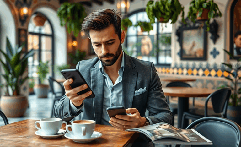 Imagen de un hombre utilizando una aplicación móvil en un entorno moderno, representando herramientas digitales para mejorar la calidad de vida.