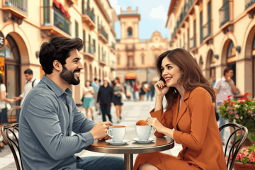Dos personas conversando en una cita en un café, encontradas a través de una aplicación de citas.
