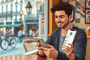 Hombre revisando su perfil de citas digitales en un smartphone, mostrando interés y personalidad a través de su descripción e imágenes.