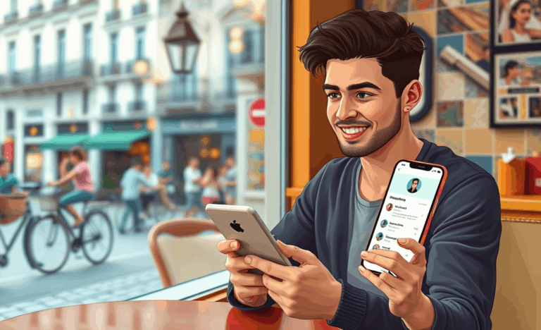 Hombre revisando su perfil de citas digitales en un smartphone, mostrando interés y personalidad a través de su descripción e imágenes.