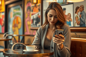 Mujer sonriendo mientras usa una aplicación de citas, evaluando la confianza en los perfiles.