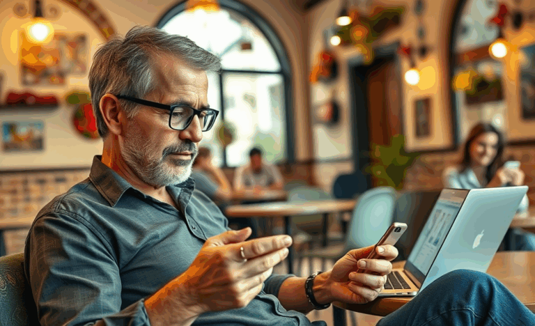 Imagen de un hombre mayor utilizando una aplicación de citas en su smartphone.