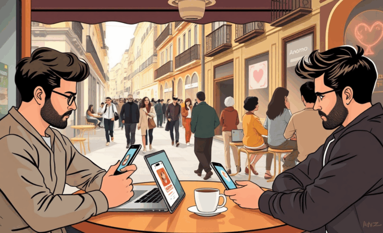Hombre introvertido usando aplicaciones de citas en su teléfono móvil.